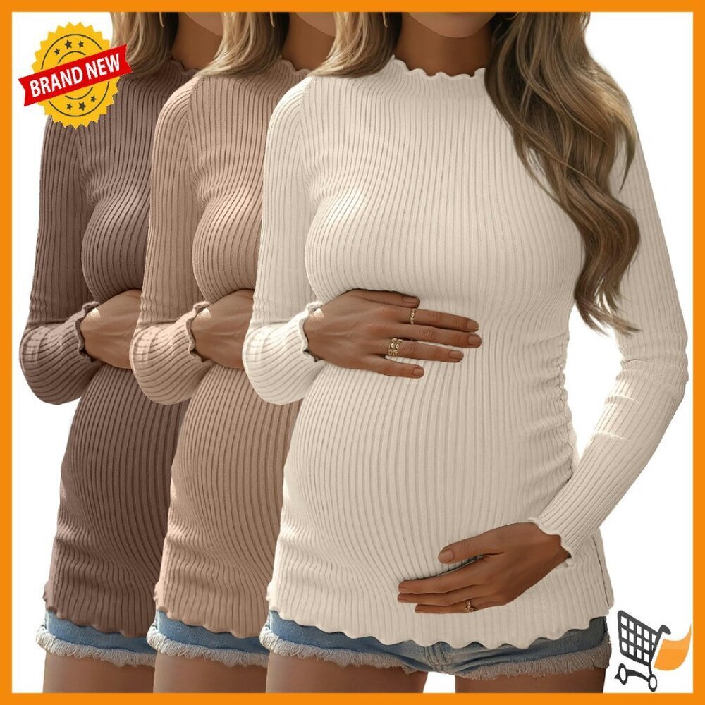 Maternity Ribbed Knit Tunic Top Long Sleeve Mock Neck Side Ruching